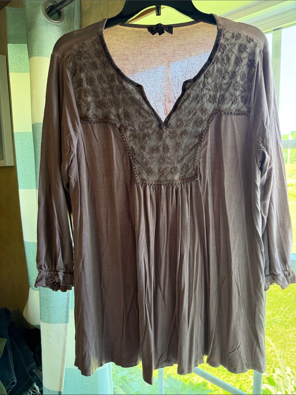 POL Embroidered V-Neck Peasant Tunic Top - Brown